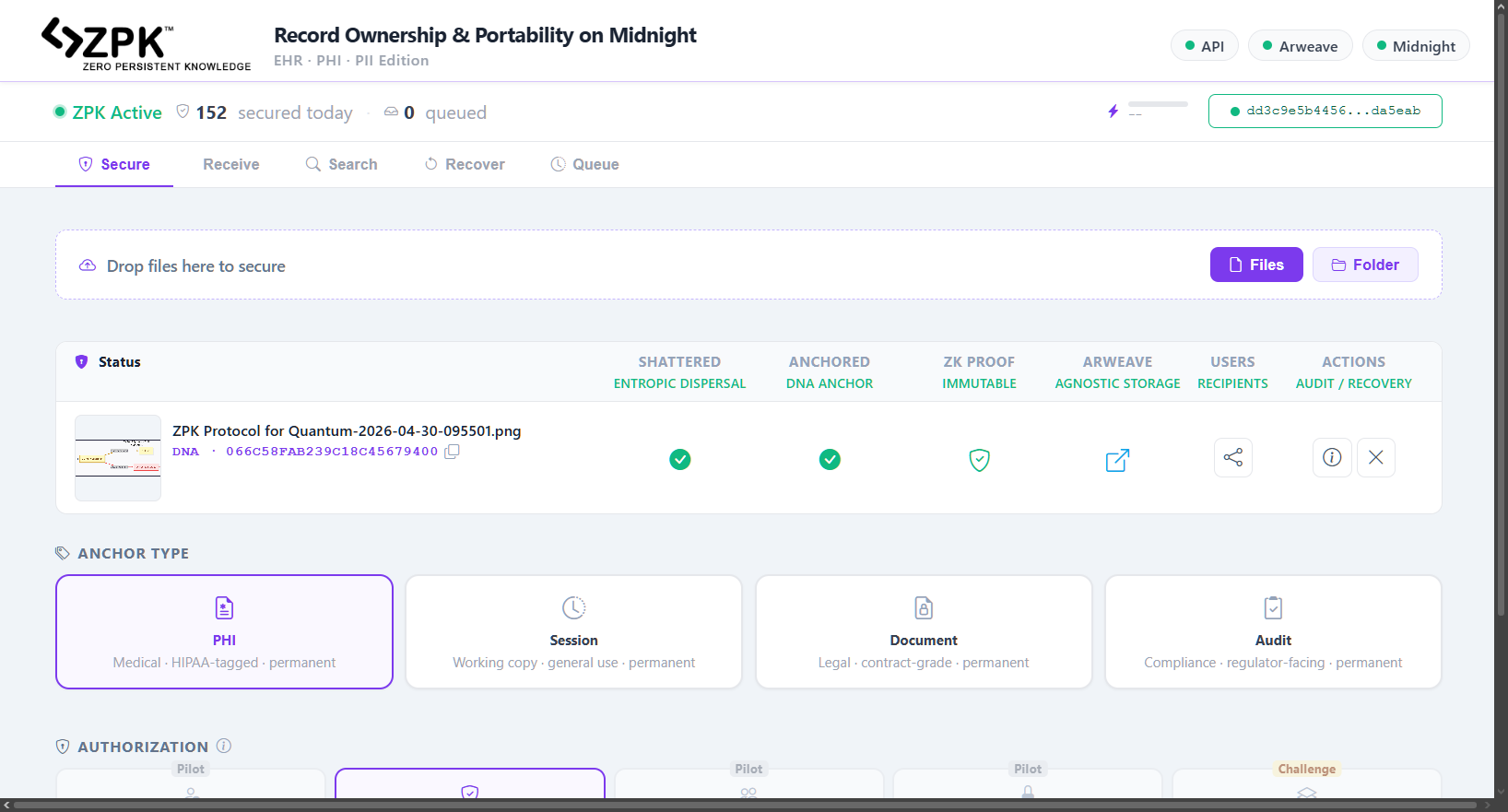 ZPK Chrome Extension prototype - Record Ownership and Portability on Midnight. EHR PHI PII Edition. Live prototype May 2026.